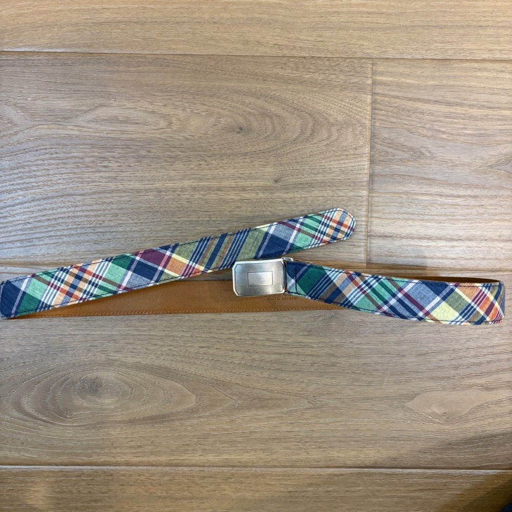 Polo Golf Ralph Lauren Belt Mens 37 Madras Plaid Silver Buckle Rainbow Tartan